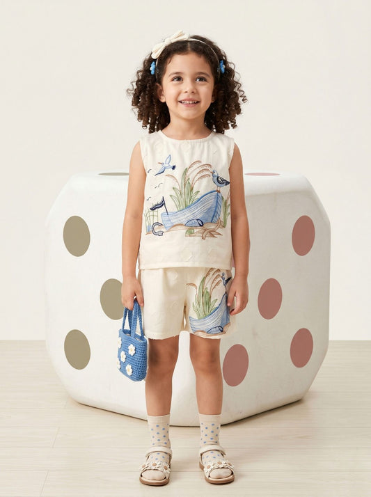 Girls Cotton Co-Ord Set Printed Sleeveless Top & Shorts Kids Summer Casual Outfit