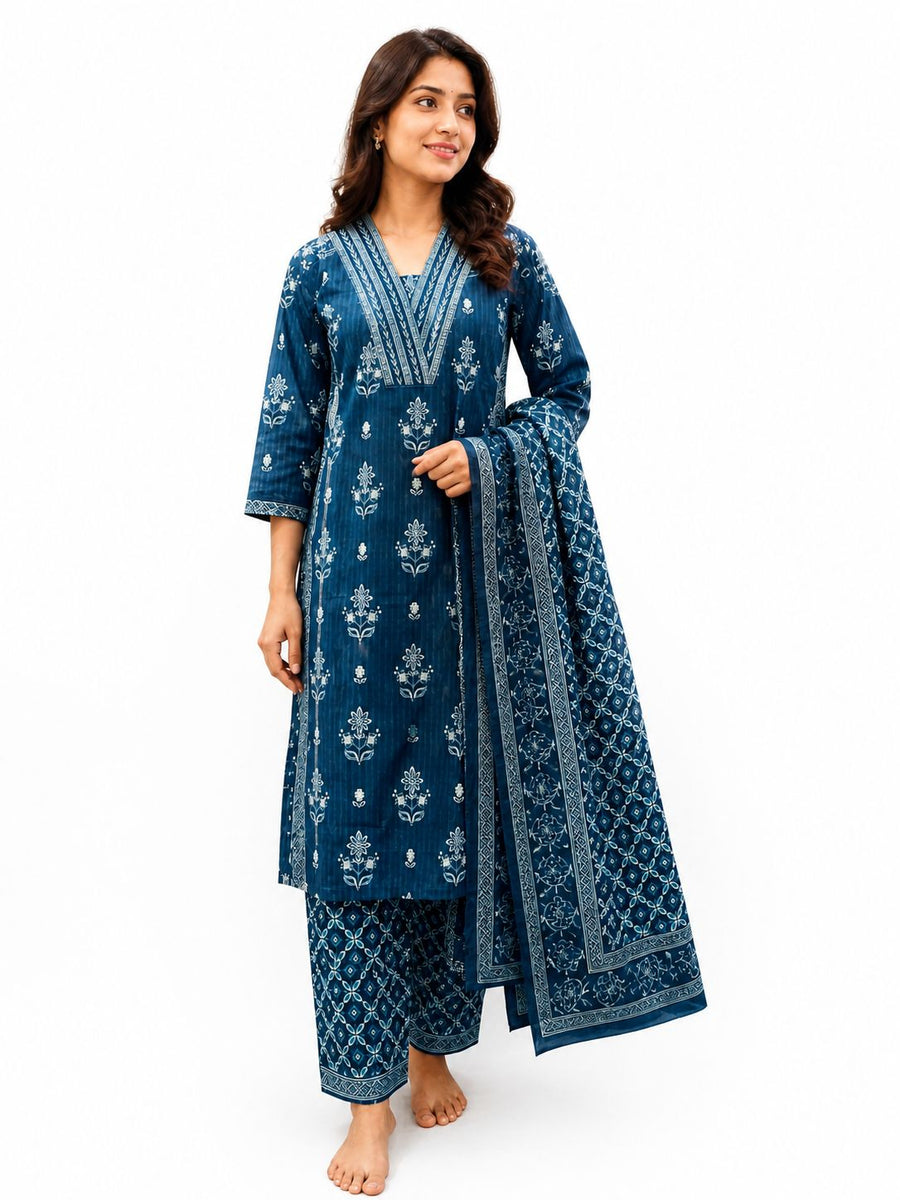 Women Cotton Printed Kurti Set with Dupatta & Pants | Blue Ethnic Suit for Daily & Festive Wear