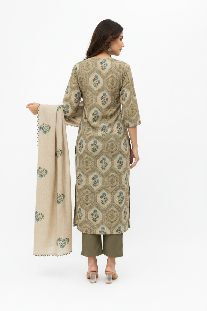 Women Chanderi Khanta Work Kurti Set with Dupatta & Pants | Embroidered Ethnic Suit Beige