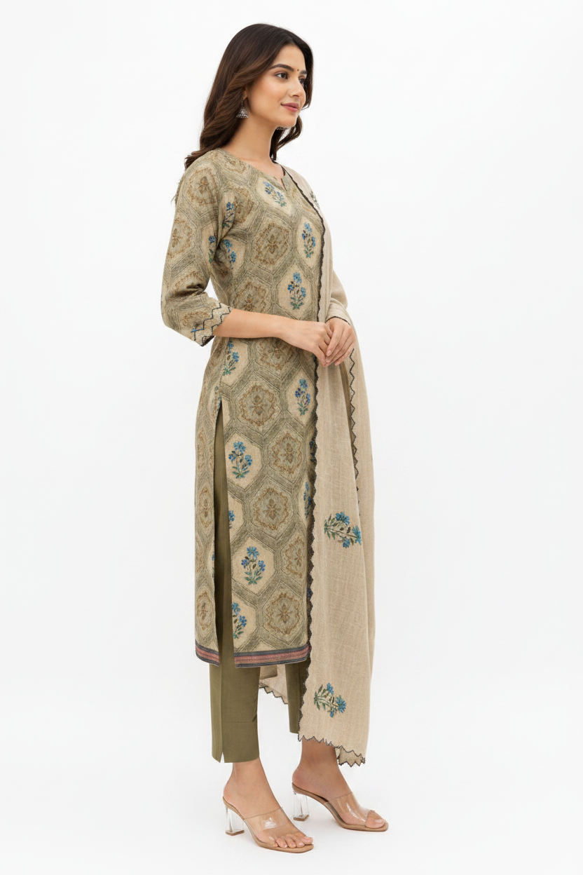 Women Chanderi Khanta Work Kurti Set with Dupatta & Pants | Embroidered Ethnic Suit Beige