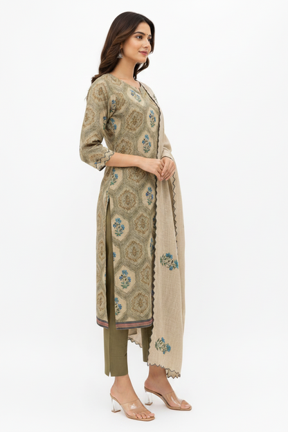 Women Chanderi Khanta Work Kurti Set with Dupatta & Pants | Embroidered Ethnic Suit Beige