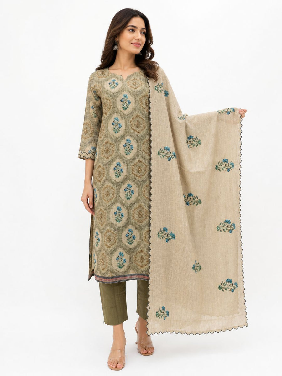 Women Chanderi Khanta Work Kurti Set with Dupatta & Pants | Embroidered Ethnic Suit Beige