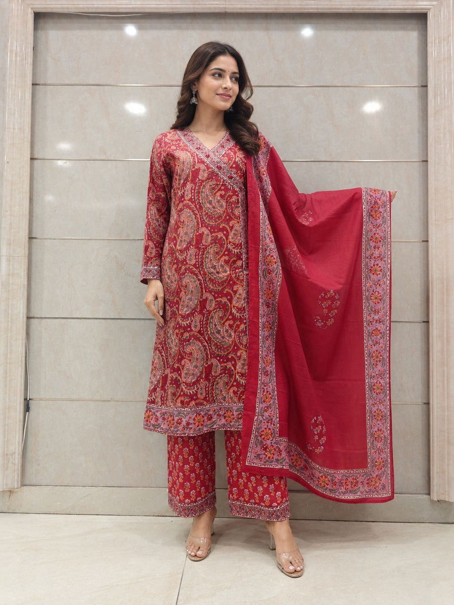 Women Cotton Printed Kurti Set with Dupatta & Pants | Red Ethnic Suit for Festive & Daily Wear