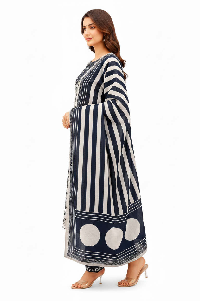 Women Ottoman Cotton Printed Kurti Set with Dupatta & Pants | Black Ethnic Suit Daily Wear