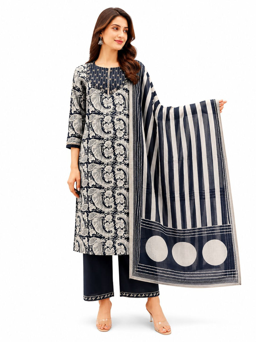 Women Ottoman Cotton Printed Kurti Set with Dupatta & Pants | Black Ethnic Suit Daily Wear