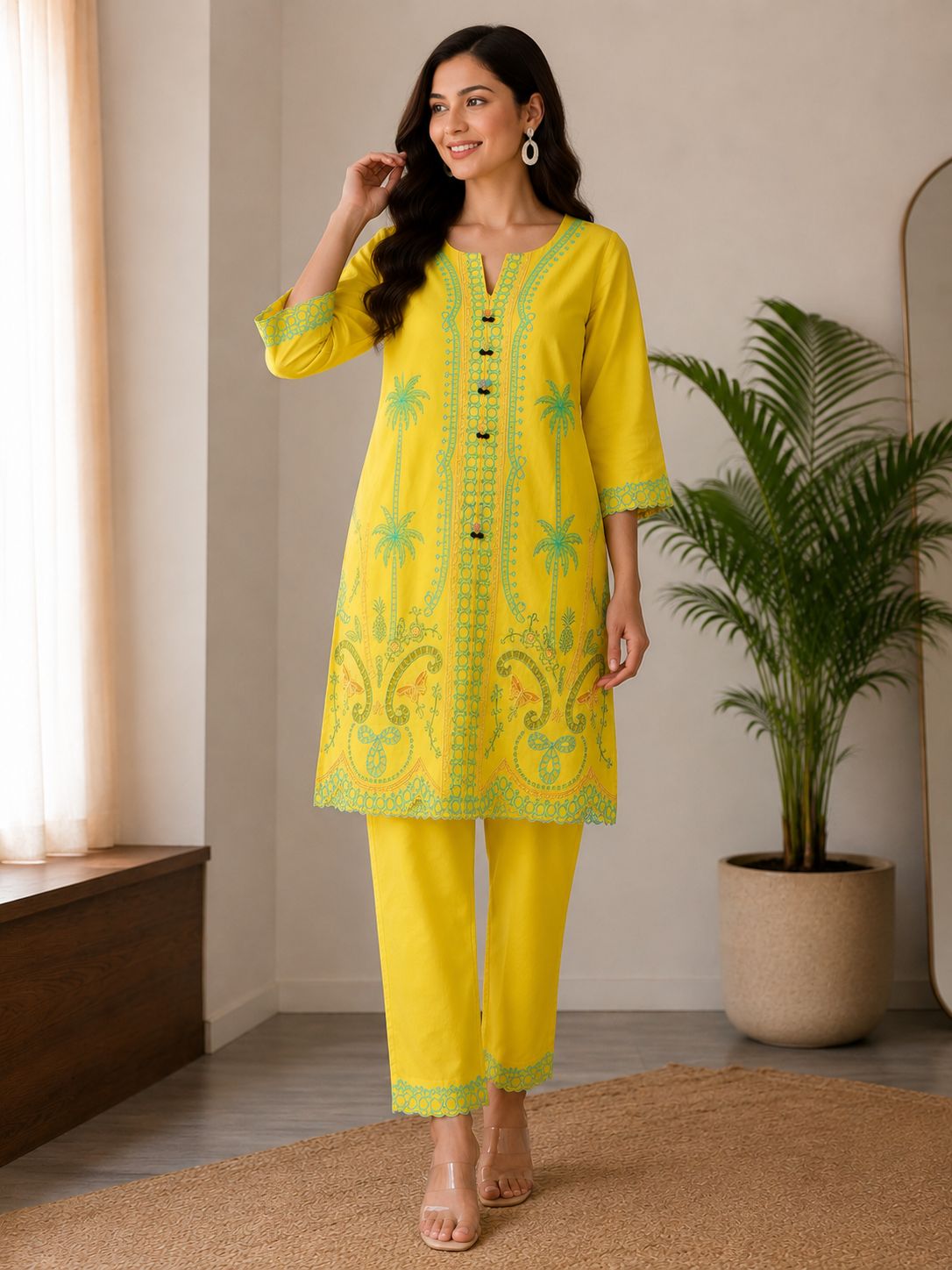 Women’s Cotton Co-Ord Set – Yellow Printed Kurta & Pant Set for Women Ethnic Lounge Wear