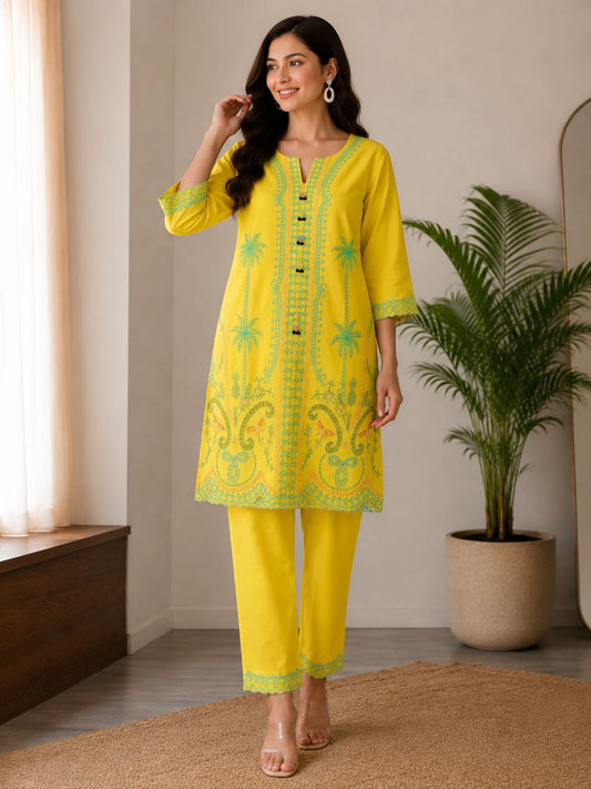 Women’s Cotton Co-Ord Set – Yellow Printed Kurta & Pant Set for Women Ethnic Lounge Wear