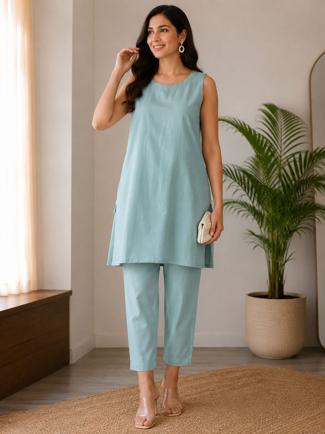 Women’s Cotton Co-Ord Set – Solid Sleeveless Kurta & Pant Set for Women Casual Ethnic Wear