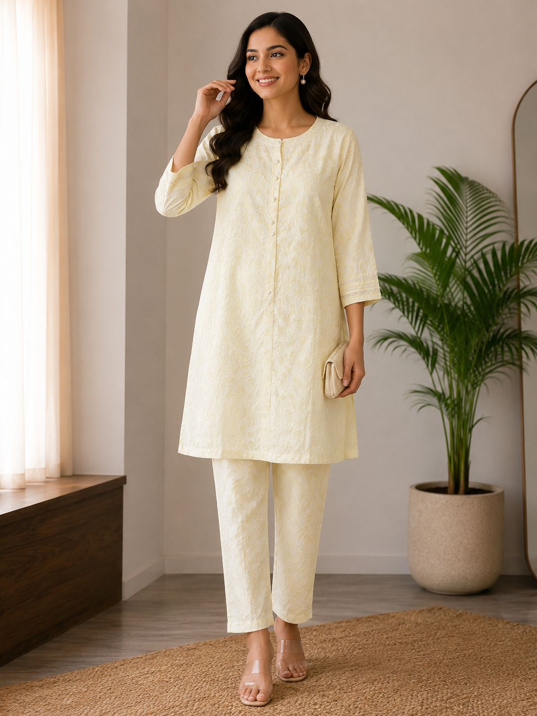Women’s Cotton Co-Ord Set – Cream Embroidered Kurta & Pant Set for Women Ethnic Wear