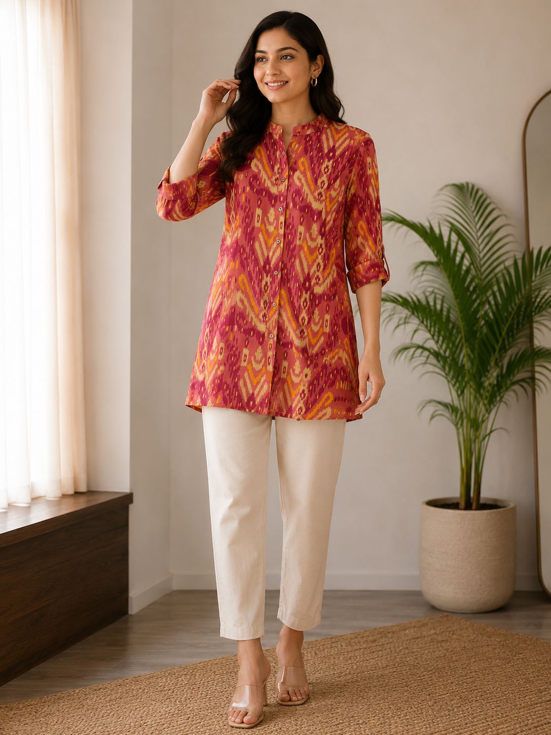 Women’s Rayon Printed Short Kurti – Ethnic Ikat Print Tunic Top for Women Casual Wear