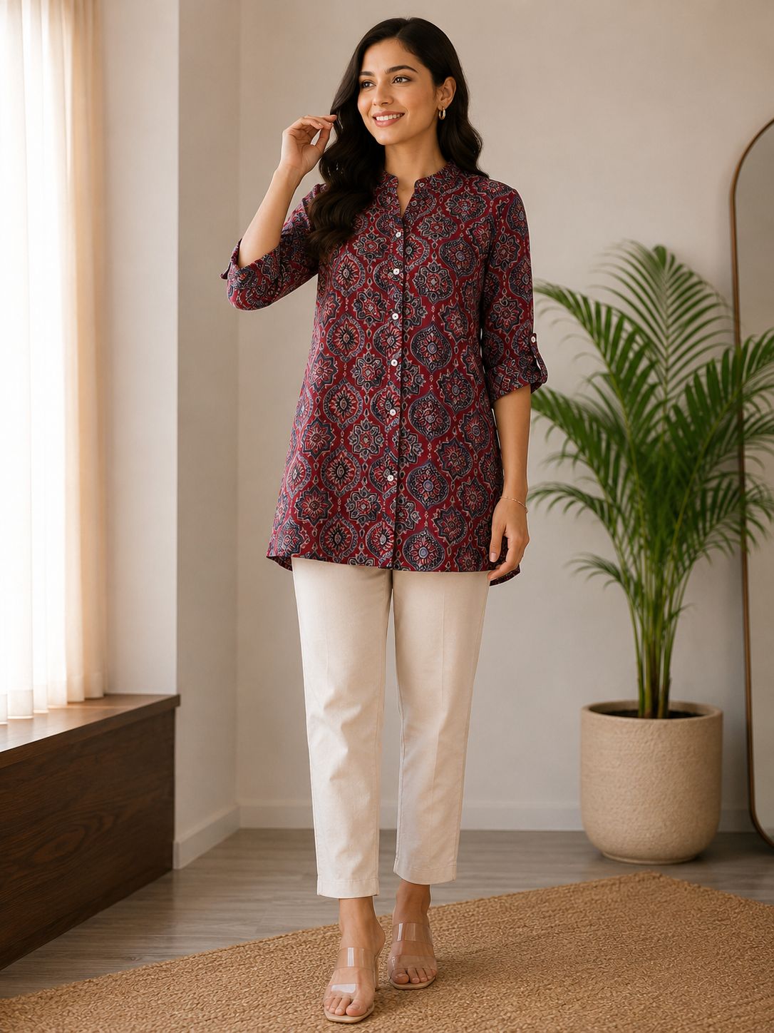 Women’s Printed Short Kurti – Ethnic Mandarin Collar Tunic Top for Women Casual Wear
