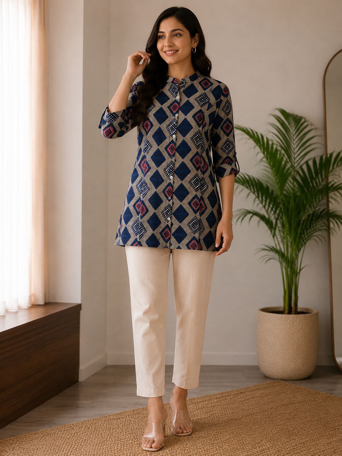 Women’s Rayon Printed Short Kurti – Geometric Ethnic Tunic Top for Women Casual Wear