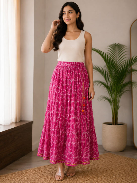 Women’s Pure Cotton Printed Flared Maxi Skirt for Women | Ethnic Long Boho Skirt with Elastic Waist | Casual & Festive Wear