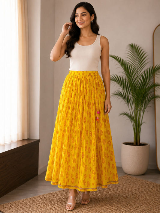 Women’s Pure Cotton Printed Flared Maxi Skirt for Women | Yellow Ethnic Long Skirt with Elastic Waist | Casual & Festive Wear