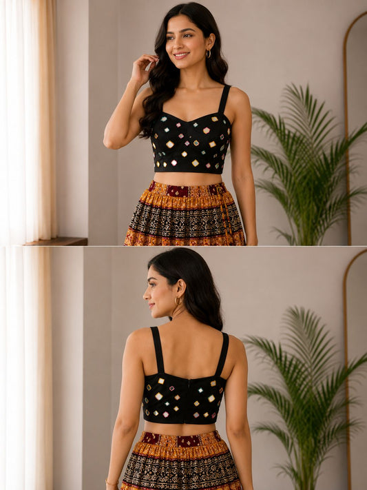 Women’s Silk Mirror Work Blouse for Saree & Lehenga Free Size  – Designer Sleeveless Party Wear Crop Blouse for Women