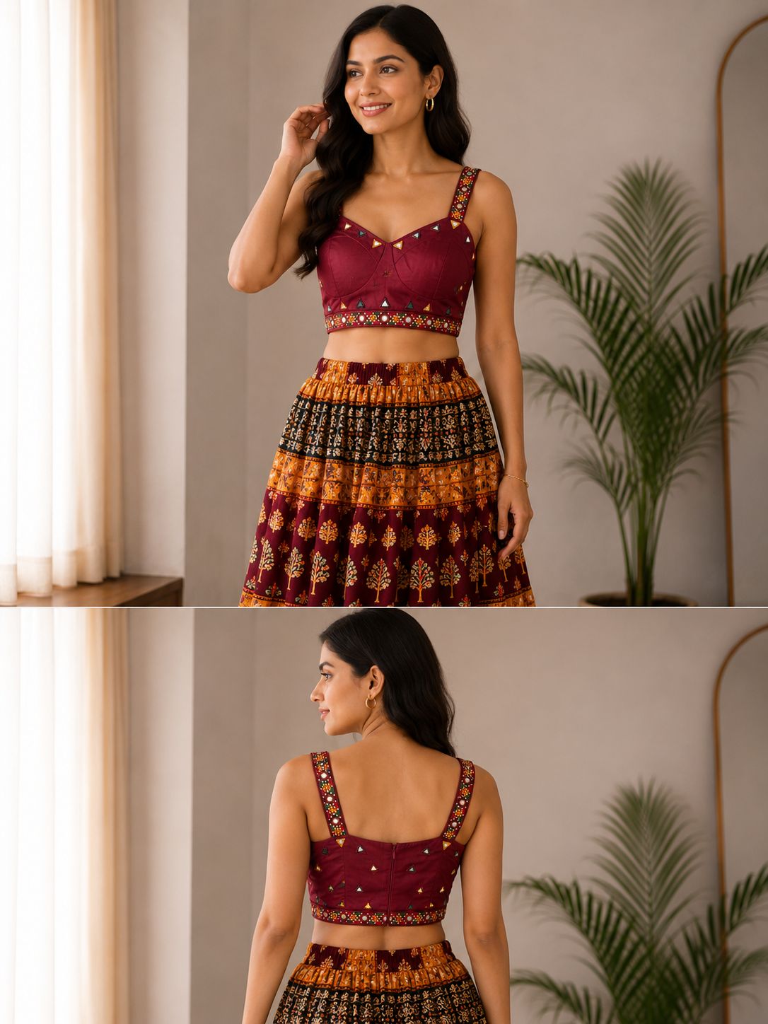 Women’s Maroon Silk Mirror Work Blouse – Designer Sleeveless Ethnic Crop Blouse for Saree & Lehenga