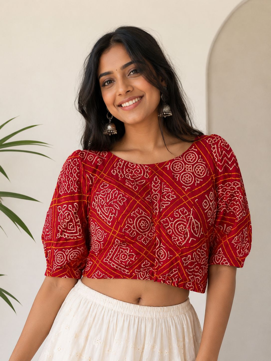 Women’s Red Silk Printed Blouse – Designer Puff Sleeve Ethnic Crop Blouse for Saree & Lehenga
