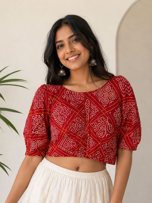 Women’s Red Silk Printed Blouse Free Size – Designer Puff Sleeve Ethnic Crop Blouse for Saree & Lehenga