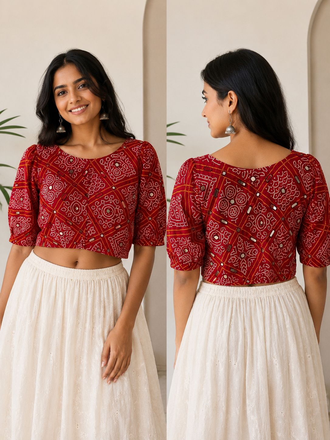 Women’s Red Silk Printed Blouse – Designer Puff Sleeve Ethnic Crop Blouse for Saree & Lehenga