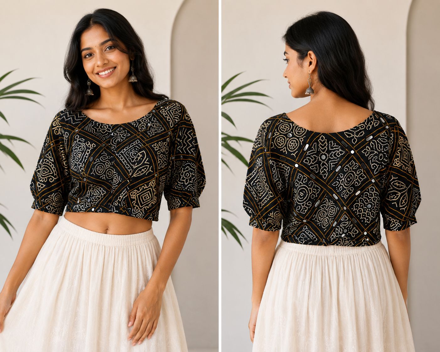 Women’s Black Silk Blend Mirror Work Blouse for Saree & Lehenga | Puff Sleeve Ethnic Crop Blouse