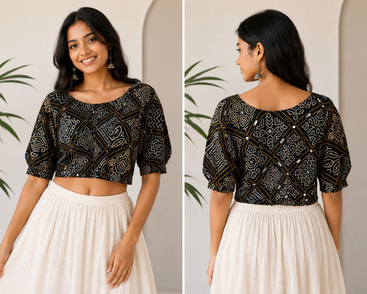 Women’s Black Silk Blend Mirror Work Blouse for Saree & Lehenga Free Size | Puff Sleeve Ethnic Crop Blouse