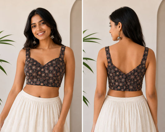 Women’s Black Ajrak Print Silk Blend Blouse for Saree & Lehenga Free Size  | Designer Ethnic Crop Blouse