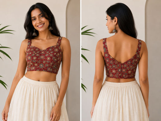 Women’s Silk Blend Ajrak Print Designer Blouse for Saree & Lehenga Free Size | Sleeveless Ethnic Crop Top Blouse