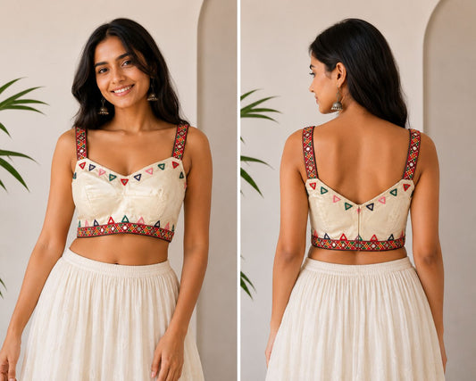 Women’s Silk Blend Mirror Work Designer Blouse for Saree & Lehenga Free Size  | Sleeveless Ethnic Crop Top Blouse