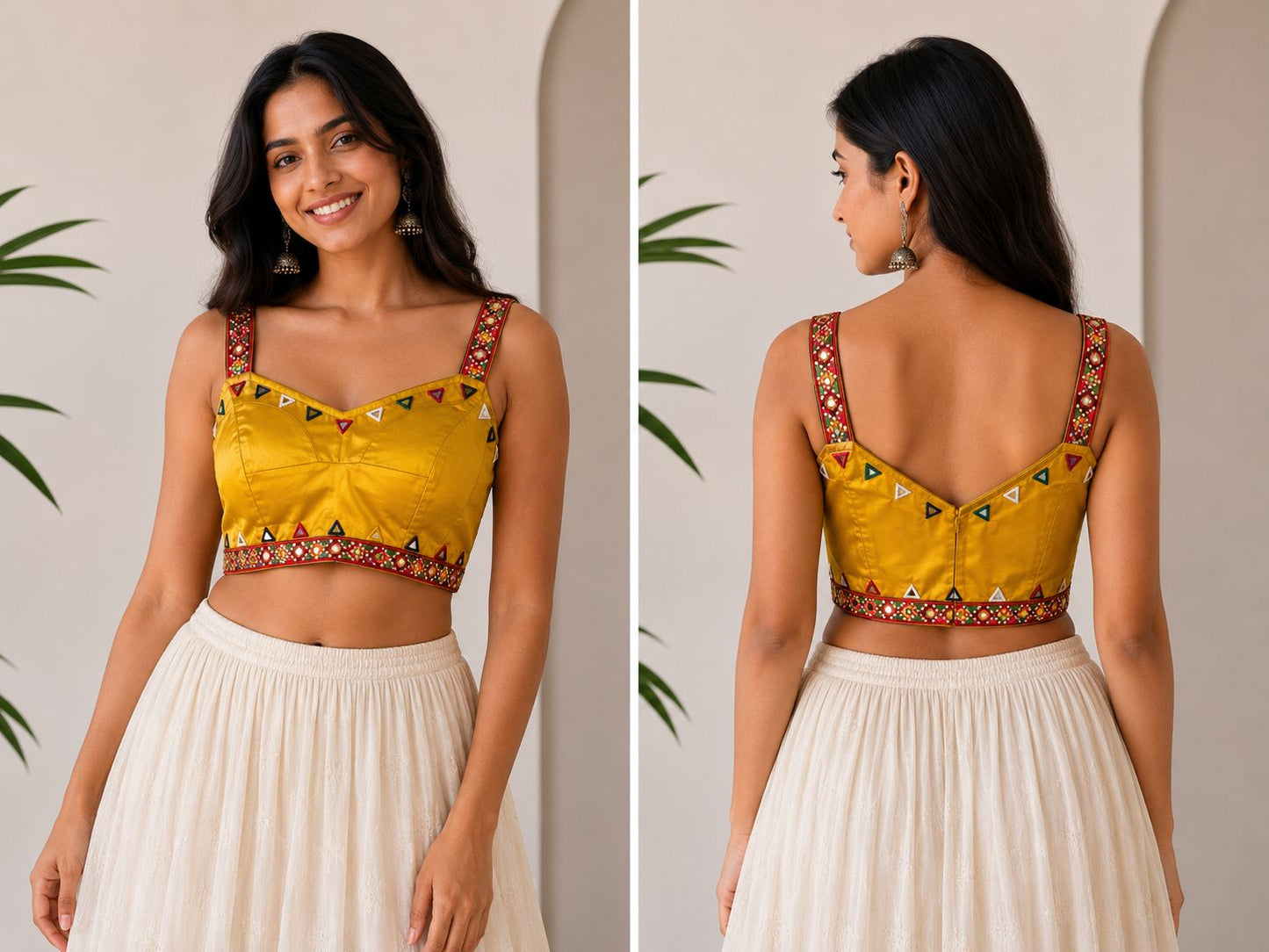 Women’s Yellow Silk Blend Mirror Work Designer Blouse for Saree & Lehenga | Sleeveless Ethnic Crop Top