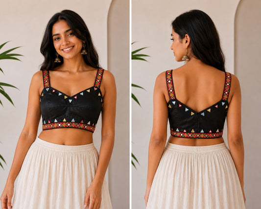 Women’s Black Silk Blend Mirror Work Blouse Free Size  | Sleeveless Ethnic Designer Crop Blouse for Saree, Lehenga & Festive Wear