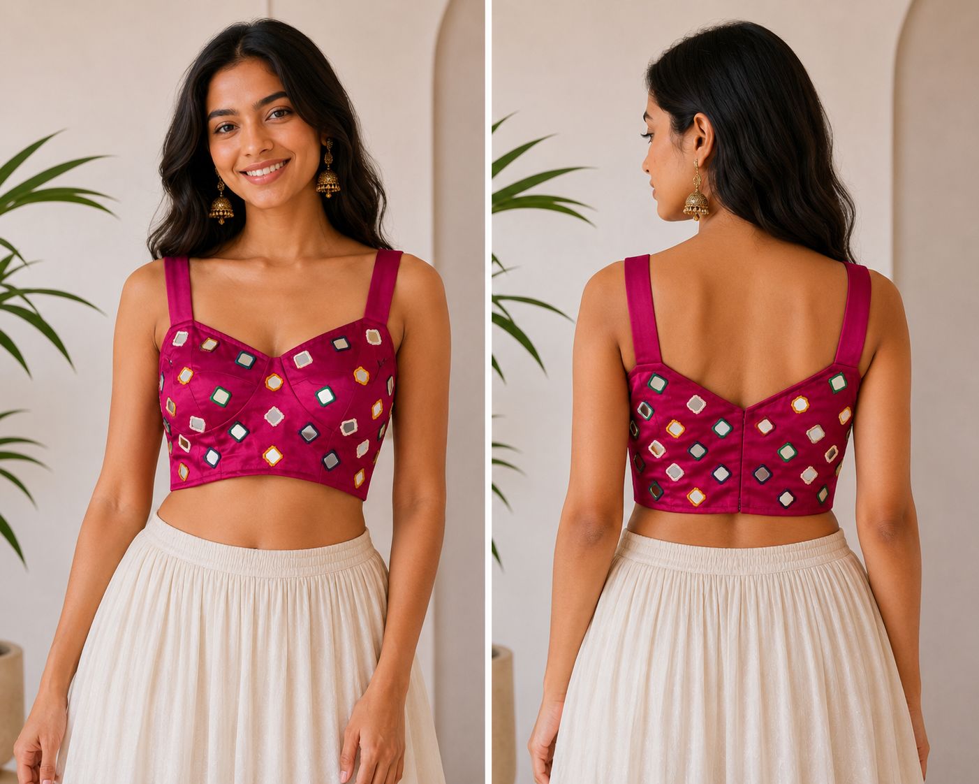 Women’s Pink Silk Blend Mirror Work Blouse | Sleeveless Designer Ethnic Crop Blouse for Saree & Lehenga