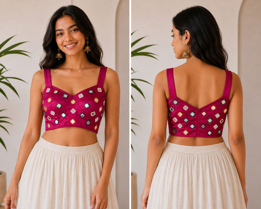 Women’s Pink Silk Blend Mirror Work Blouse Free Size | Sleeveless Designer Ethnic Crop Blouse for Saree & Lehenga