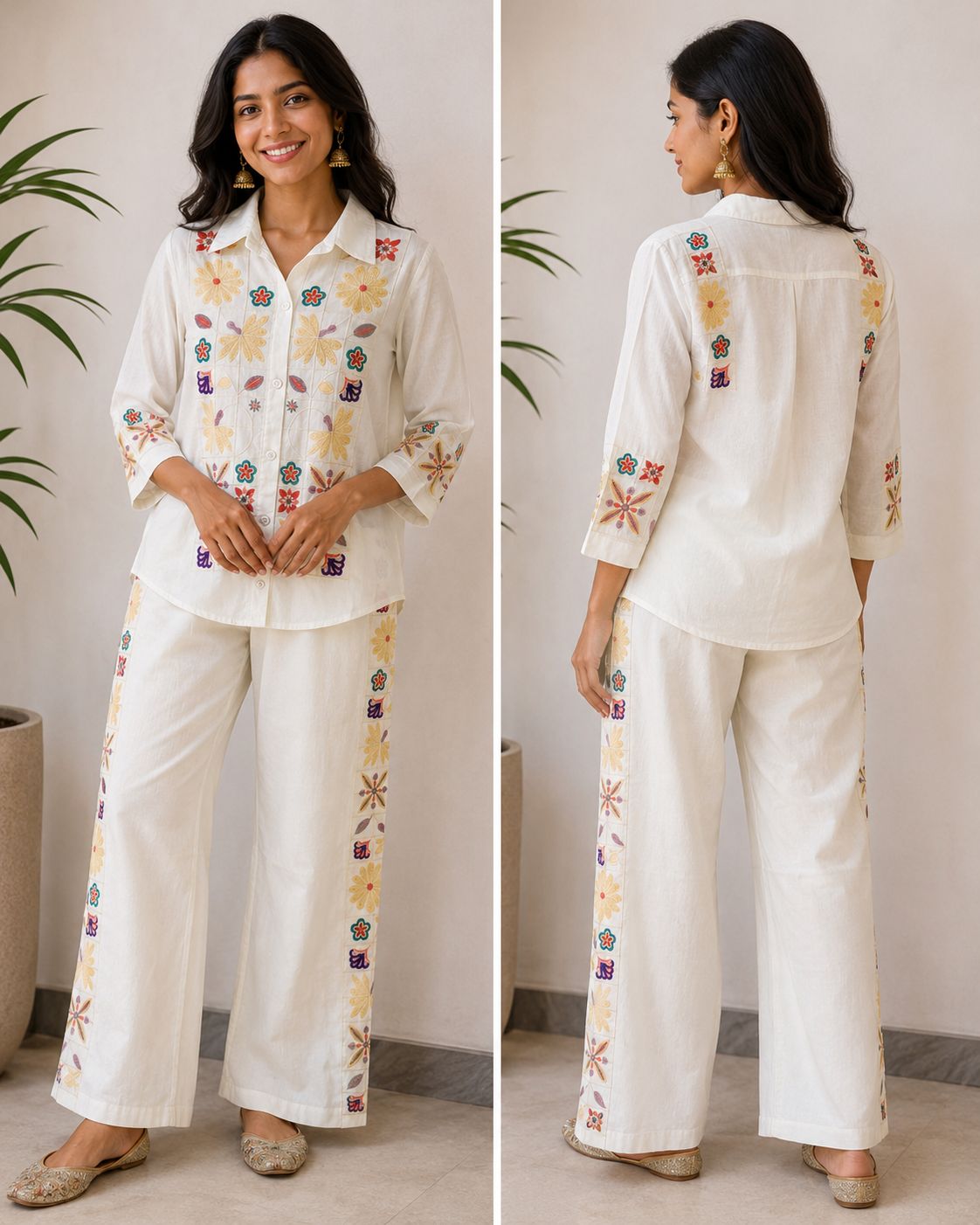 Women’s Mal Mal Cotton Embroidered Co-Ord Set | Floral Printed Shirt & Palazzo Pants Lounge Wear Set