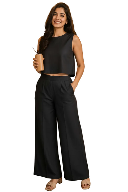 Women Black Mal Mal Cotton Co-Ord Set for Women | Sleeveless Top & Wide Leg Pants Set