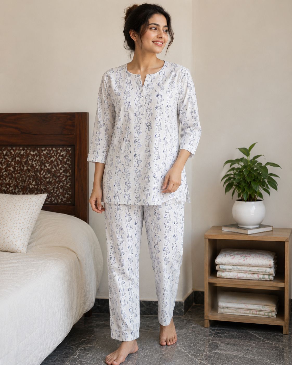 Natural Fab Women’s Mal Mal Cotton Night Suit with Lining | Original Hand Block Print Soft Sleepwear Set | Comfortable Lounge & Nightwear for Women