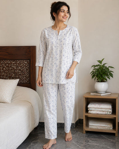 Natural Fab Women’s Mal Mal Cotton Night Suit with Lining | Original Hand Block Print Soft Sleepwear Set | Comfortable Lounge & Nightwear for Women