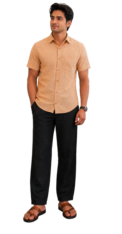 Natural Fab Men’s Linen Blend Half Sleeve Shirt | Casual Solid Summer Shirt for Men | Lightweight Breathable Regular Fit