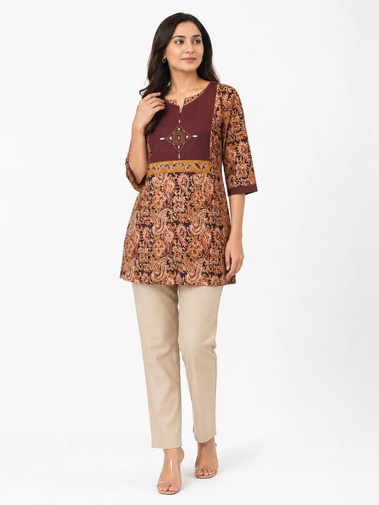 Women’s Cotton Kalamkari Printed Kurti Pant Set | Ethnic Short Kurti for Women | Casual & Office Wear by Natural Fab