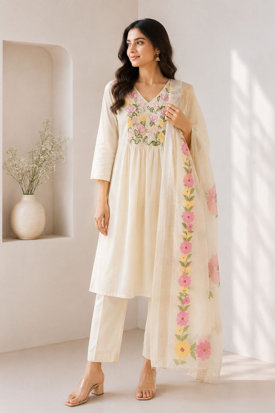 Women’s Premium Mal Cotton Embroidered Kurti Pant Dupatta Set | Soft Floral Ethnic Wear for Women | Elegant Straight Kurta Set