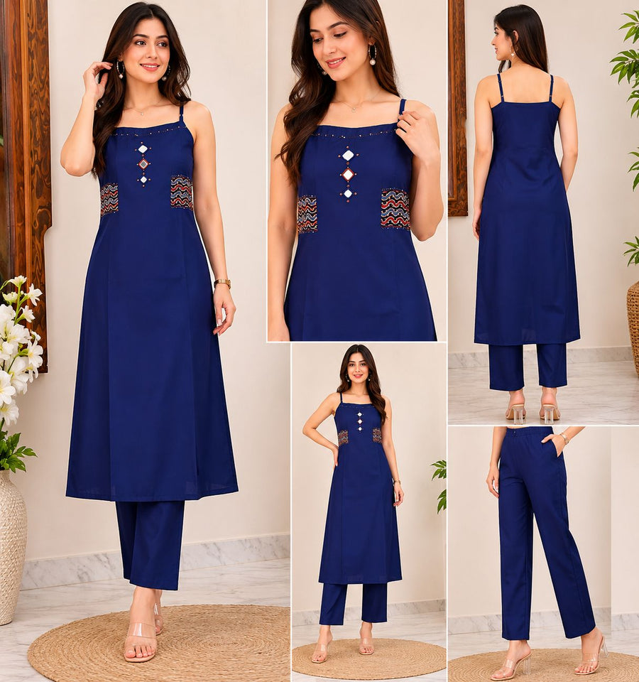 Women’s Cotton Sleeveless Kurti Pant Set | Stylish Navy Blue Straight Kurta Set for Women | Casual Ethnic Co-Ord Lounge Wear