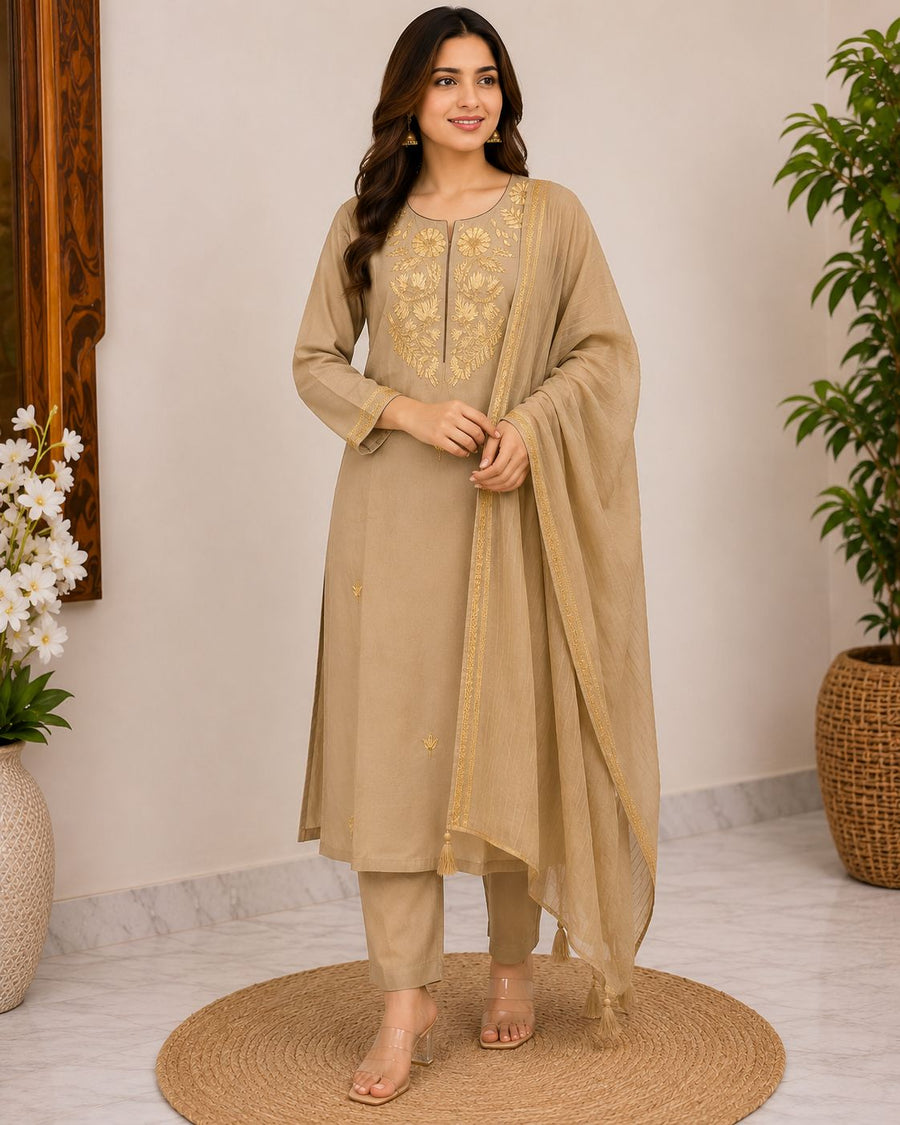 Women’s Cotton Embroidered Kurti Pant Dupatta Set | Elegant Straight Kurta Set for Women | Ethnic Wear with Soft Cotton Dupatta