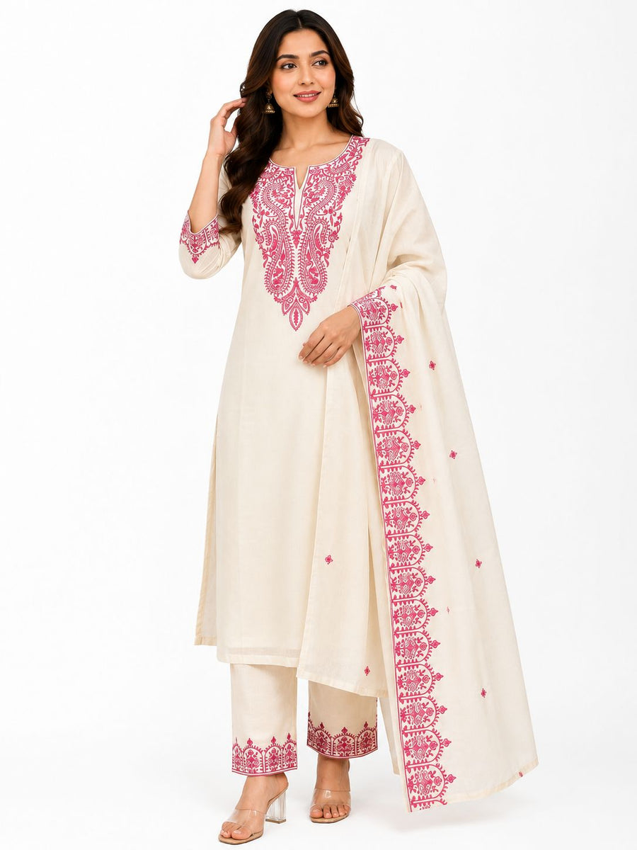 Women’s Mal Chanderi Embroidered Kurti Pant Dupatta Set | Elegant Ethnic Suit Set for Women | Premium Traditional Wear
