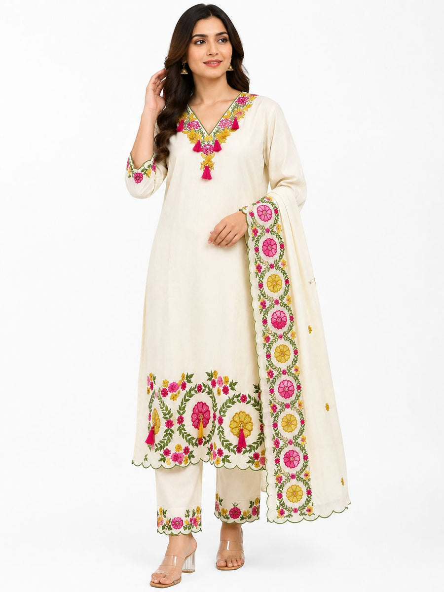 Women’s Mal Chanderi Embroidered Kurti Pant Dupatta Set | Floral Ethnic Suit Set for Women | Festive Traditional Wear