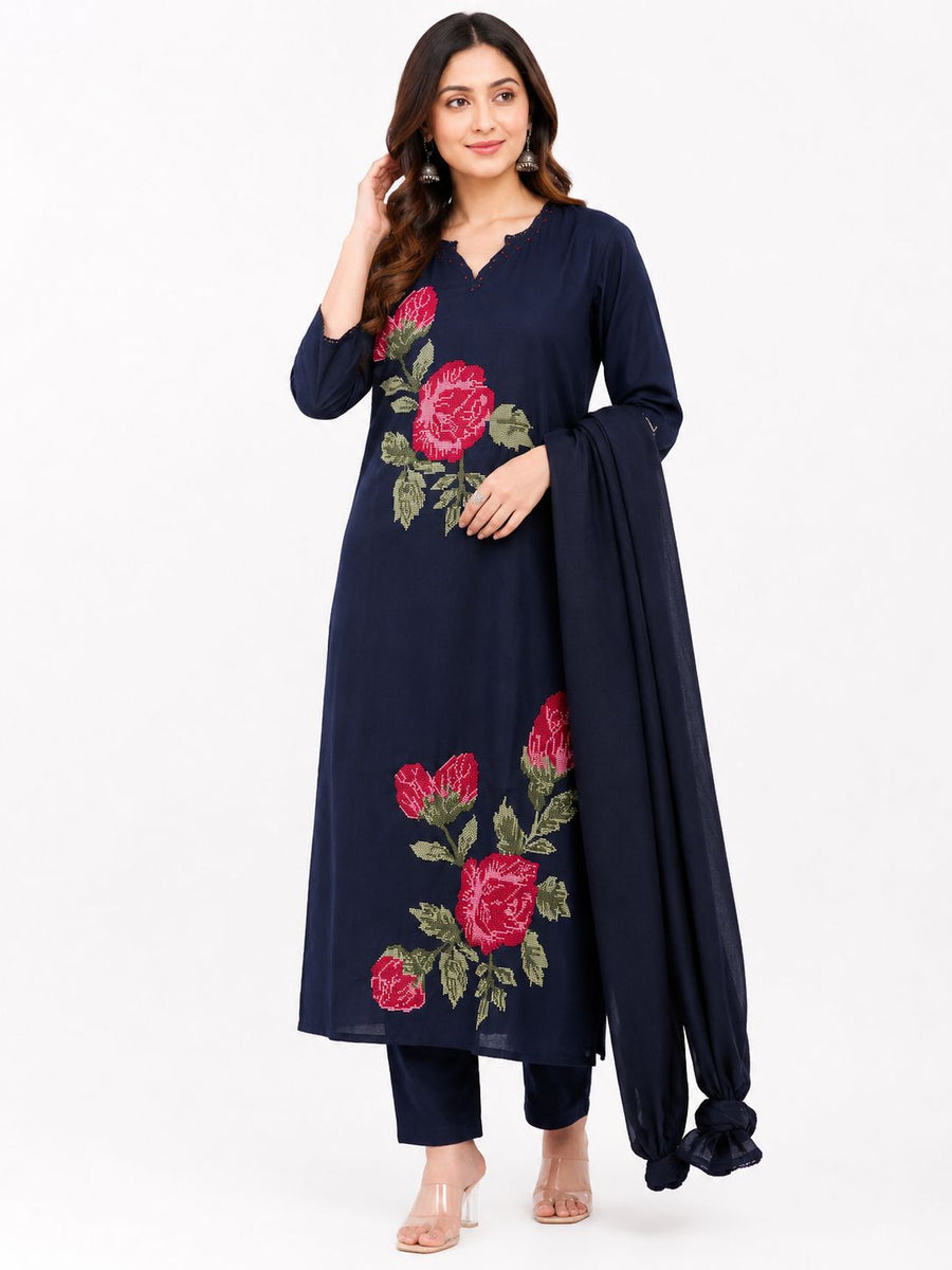 Women’s Mal Cotton Floral Embroidered Kurti Pant Dupatta Set | Elegant Navy Blue Ethnic Wear for Women | Soft Traditional Suit Set