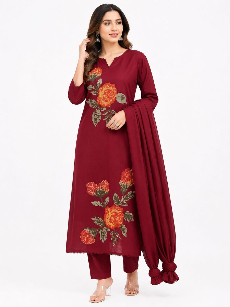 Women’s Cotton Floral Embroidered Kurti Pant Dupatta Set | Elegant Maroon Ethnic Wear for Women | Soft Traditional Suit Set