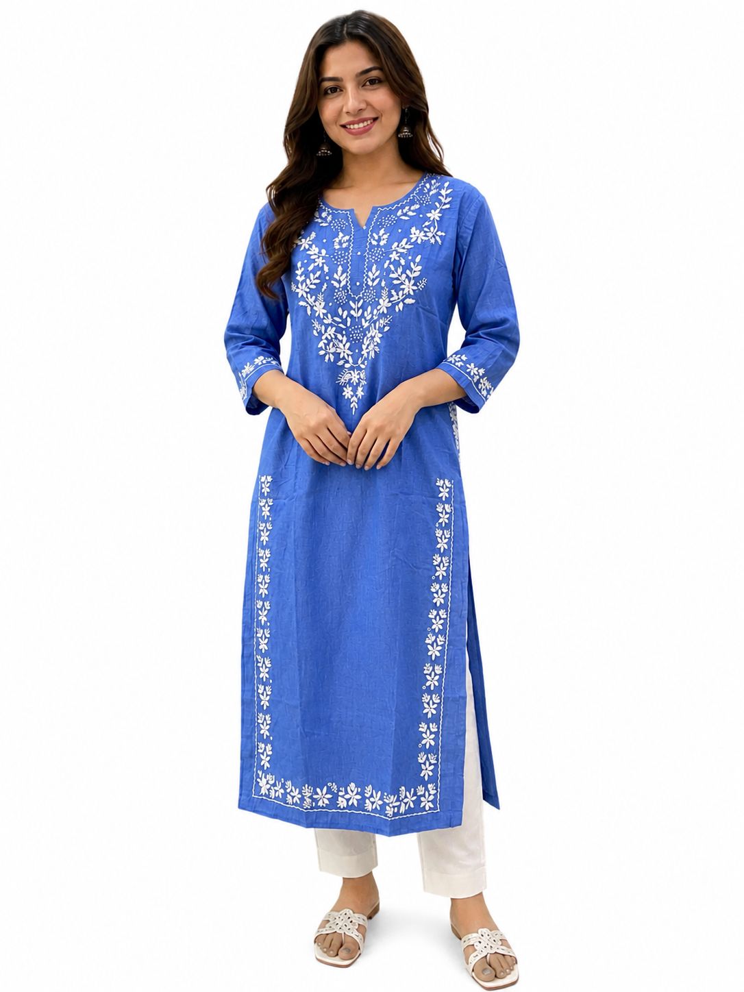 Women’s Blue Cotton Embroidered Straight Kurti | Elegant Ethnic Wear for Women | 3/4 Sleeve Casual & Festive Kurta