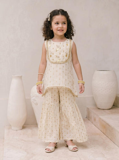 Girls Cream Ethnic Sharara Set with Dupatta | Kids Festive Wear Suit | Embroidered Sleeveless Kurti & Palazzo Set for Baby Girls