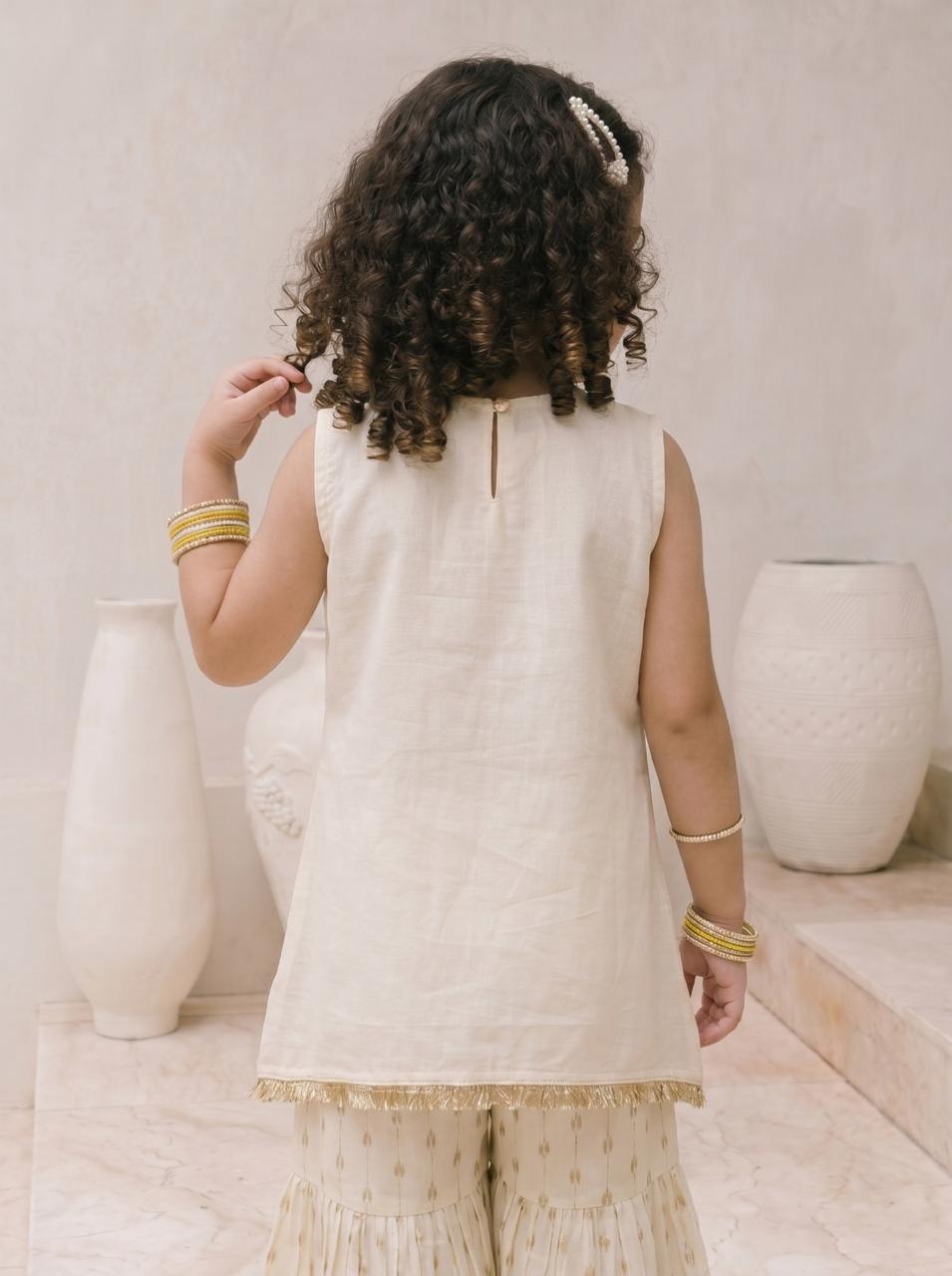 Girls Cream Ethnic Sharara Set with Dupatta | Kids Festive Wear Suit | Embroidered Sleeveless Kurti & Palazzo Set for Baby Girls