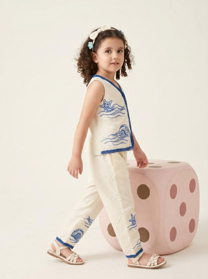 Baby Girls White & Blue Embroidered Baby set Set | Kids Sleeveless Top & Pants Set | Cute Casual & Summer Wear for Girls