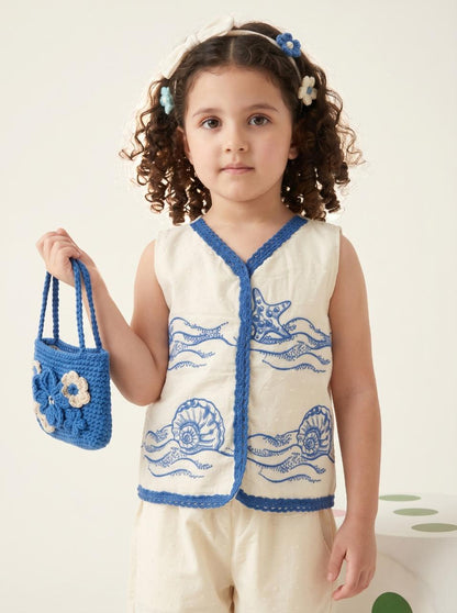 Baby Girls White & Blue Embroidered Baby set Set | Kids Sleeveless Top & Pants Set | Cute Casual & Summer Wear for Girls